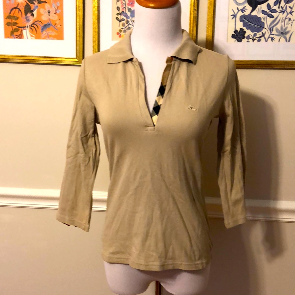 Burberry tan/khaki v-neck polo Sz Small